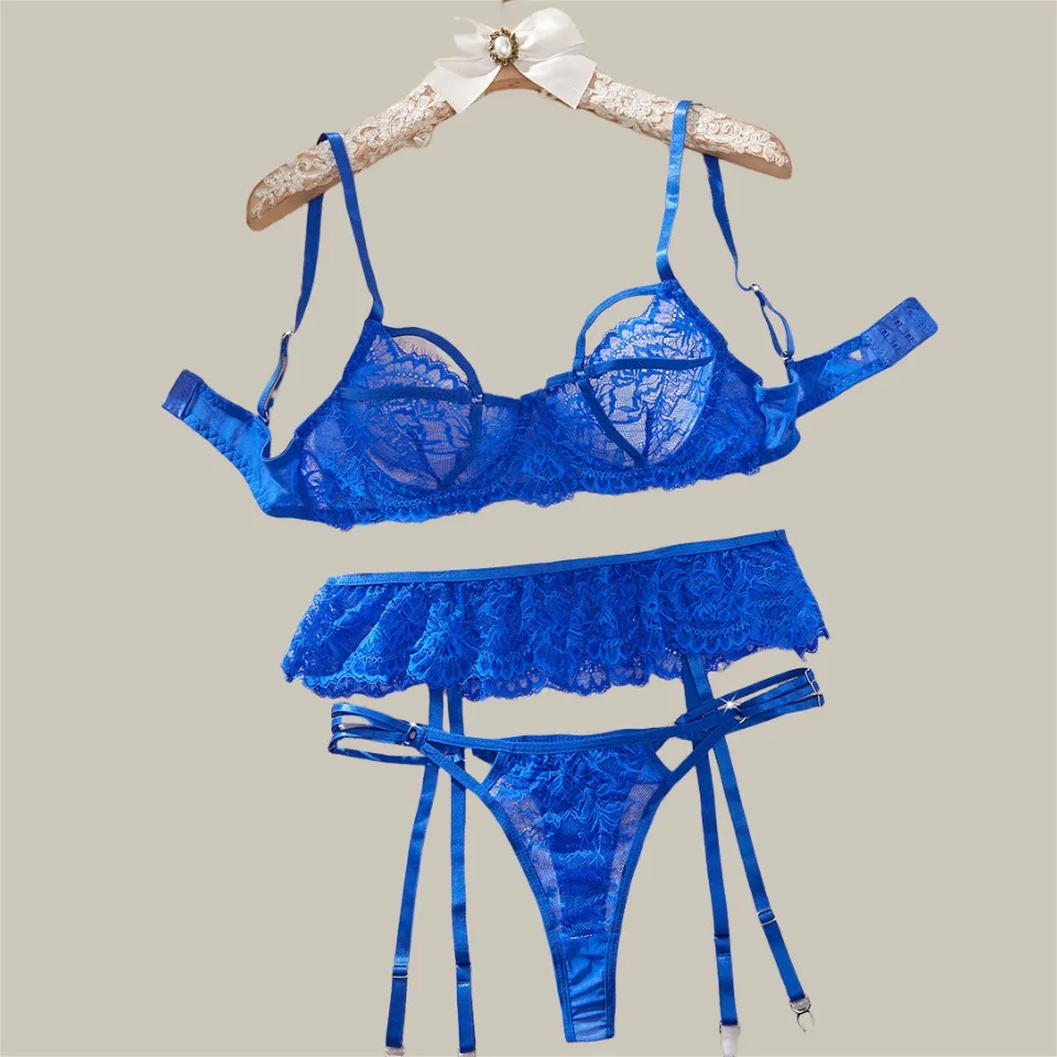 

Ellolace Elegant Women's Lingerie Sets Seductive Bra Belt Thong 3PC Exclusive Lace French Style Intimate See Through Underwear