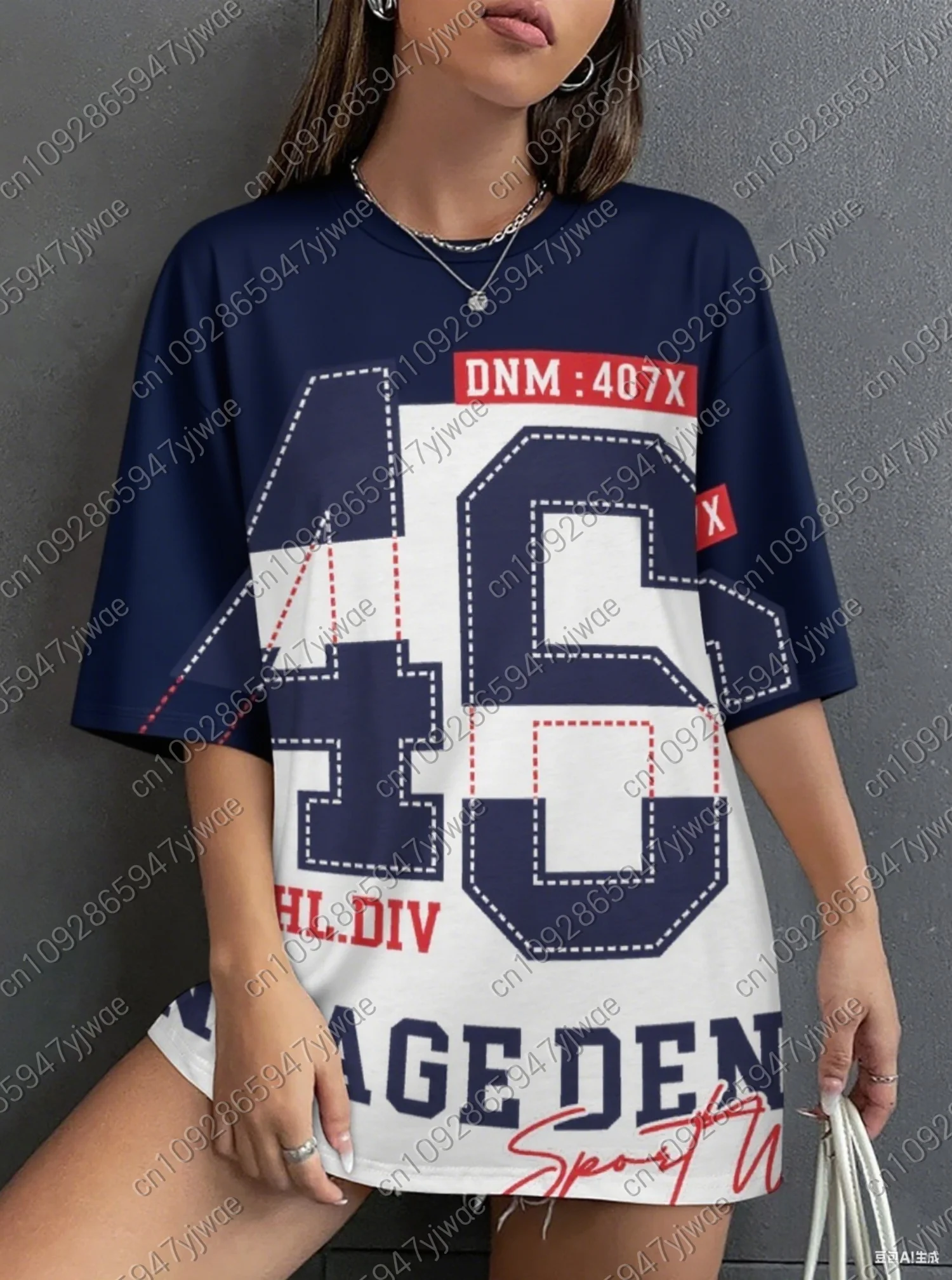 Novedad en la moda para mujer, camiseta Digital 3D digital 46 con estampado de manga corta y cuello redondo, camiseta deportiva de gran tamaño para verano