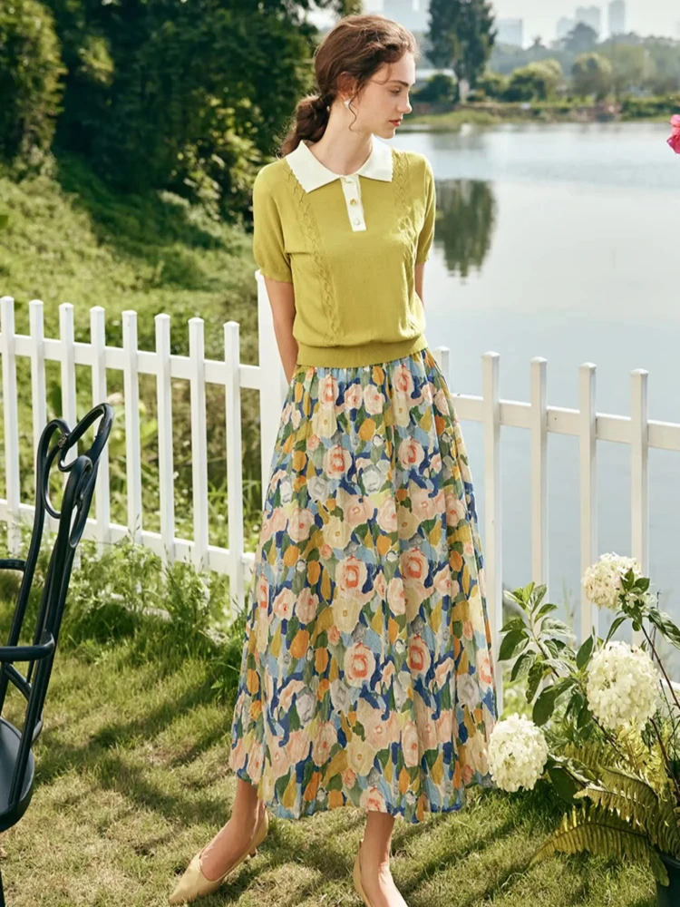 OLrain-Jersey de punto con cuello tipo Polo para mujer, Jersey informal de retazos con manga abombada, estilo francés, verano 2025, O23XZ69061