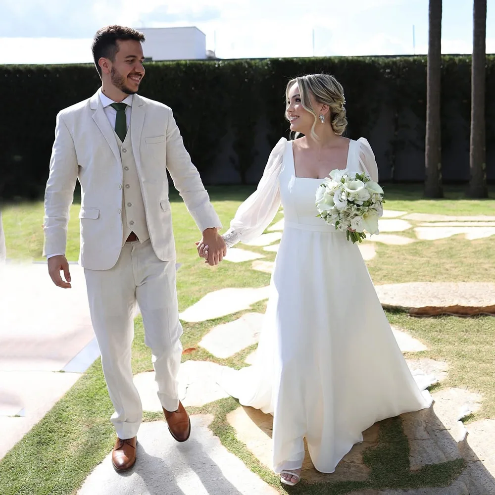 

Civil A Line Puff Long Sleeves Wedding Dresses Women Square Neck Women Country Bridal Gowns Wedding Party Dress Customized