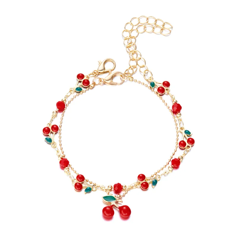 Nette Süße Rote Kirsche Kette Armband Halskette Für Frauen Vintage Gold Farbe Blume Obst Schlüsselbein Fußkettchen Hochzeit Schmuck – Detail 16
