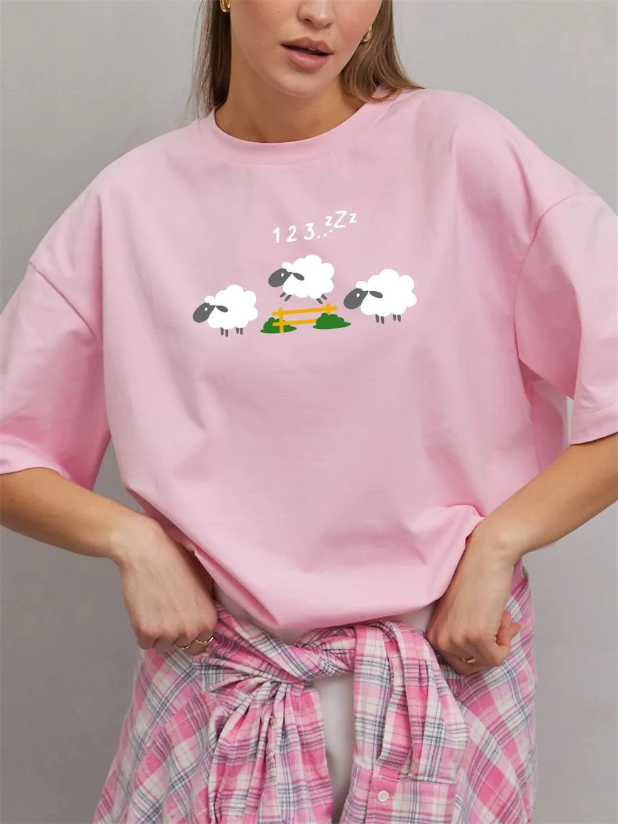 Chic Sweet Cute Counting Sheep Print Oversized Pink T-Shirt | Cute Sleepy Sheep Graphic Tee | Cozy Loungewear Top Holiday Loose
