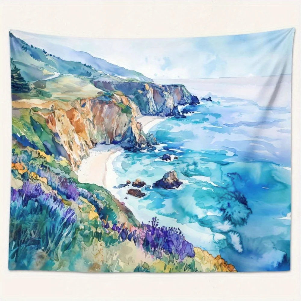 1pc 2D Flat Bohemian Seaside Background Peach Skin Polyester Tapestry Living Room Bedroom Office Tapestry Home Room Party Decor