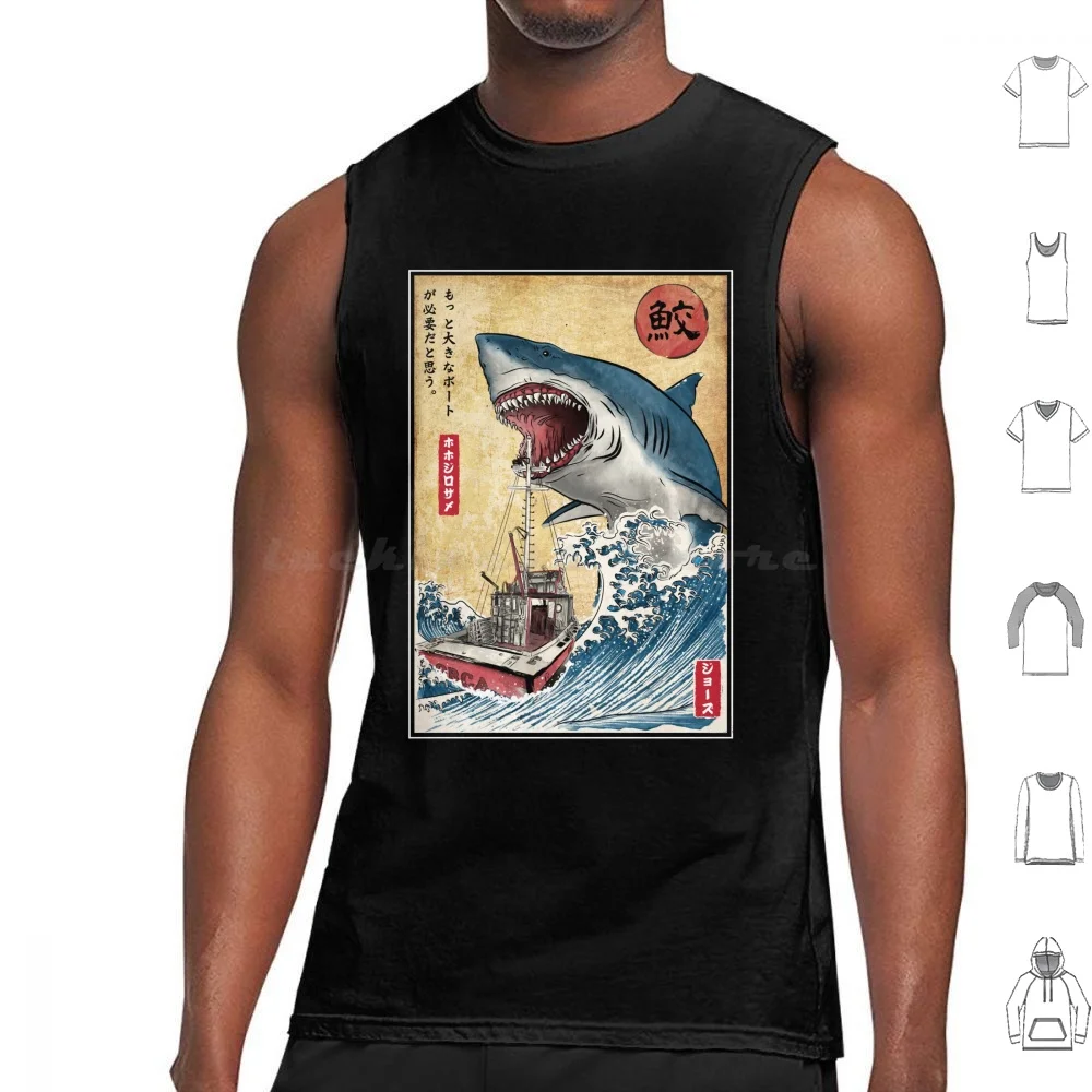 Camisetas sin mangas con estampado de tiburón de caza en Japón, de algodón, estilo retro vintage de los años 80, con diseño de ballena asesina, barco, arte japonés.