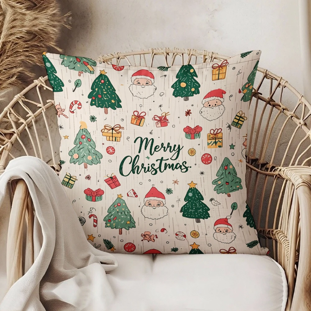 Square Throw Pillow Case Beige Merry Christmas Text Santa Claus Christmas Tree Gift Box Pattern For Home Sofa Chair Decoration