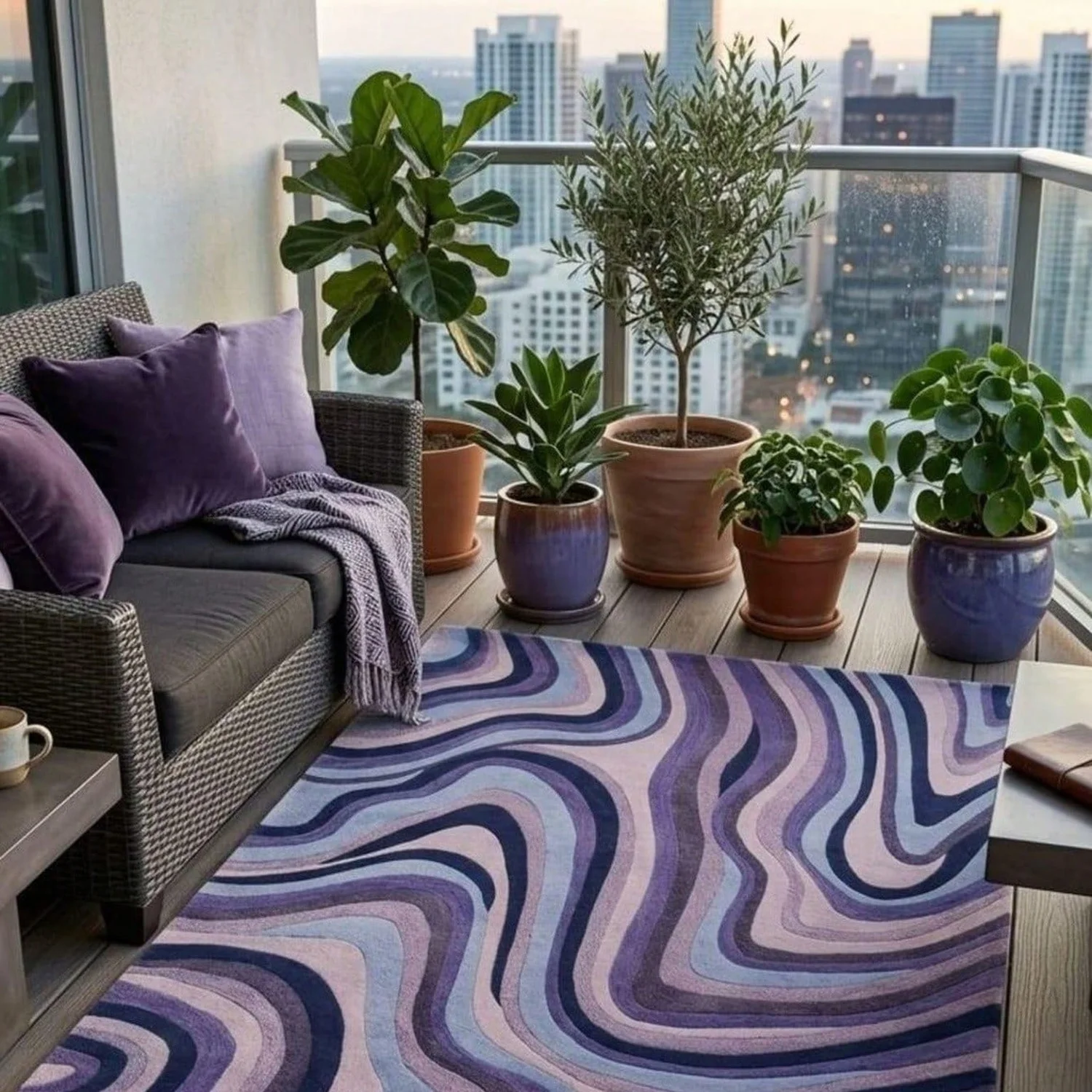 Tufted Abstract Wave Wool Rug, Modern Purple Area Rug.