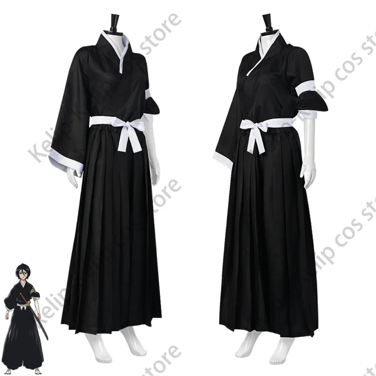 Anime BLEACH Kuchiki Rukia Cosplay Costume Sode No Shirayuki Wig Japanese Black Kimono Kendo Uniform Adult Woman Halloween Suit