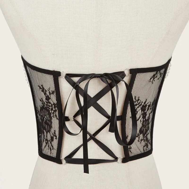 Corset de Taille Délicat avec Perles Pendantes pour Femme, Ceinture Amincissante, Motif en Dentelle Transparente