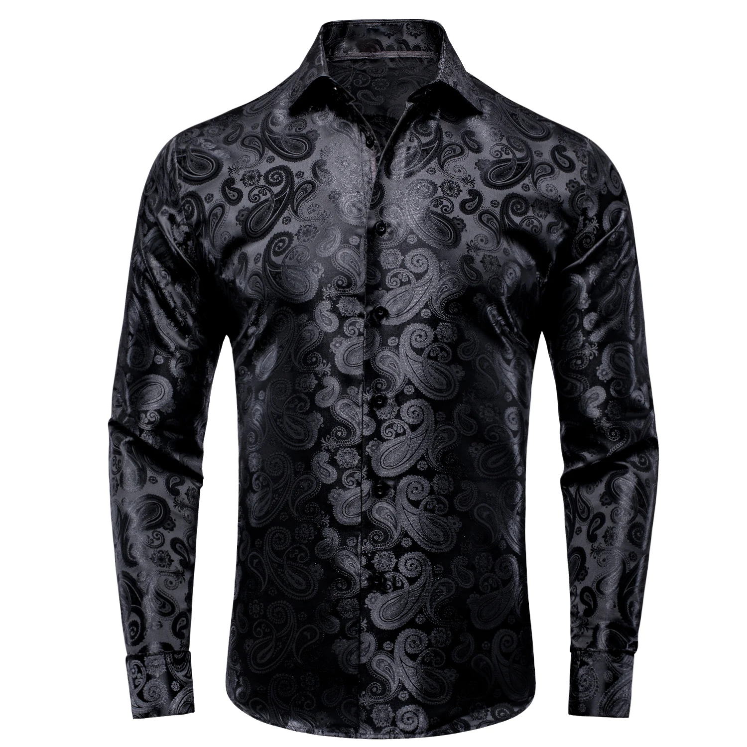 Hi-Tie Jacquard Silk Mens Shirts Lapel Long Sleeve Wedding Business Christmas Western Shirt  Cowboy 30 Colors High Quality Gift