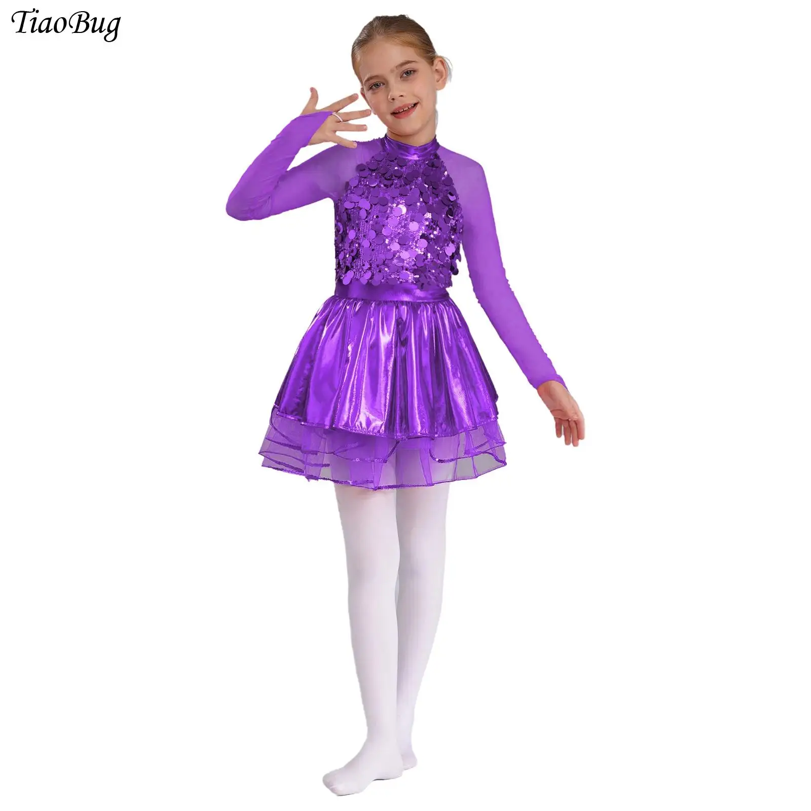 

Girls Sparkling Sequin Metallic Jazz Ballet Dance Tutu Dress Long Sleeves Sheer Mesh Modern Skating Gymnastics Leotard Dresse