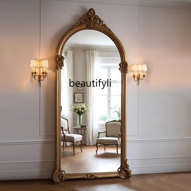 s8350 European style, full body full-length mirror custom retro carved arched floor mirror home living room cloakroom fitting mi