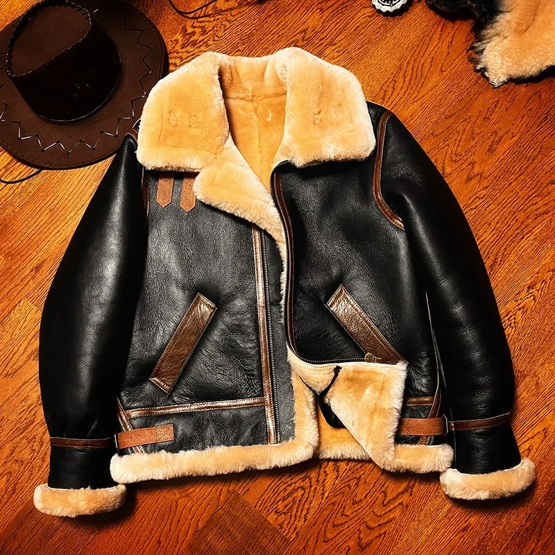 2024 New Winter Man B3 Original Fur Integrated Flight Suit Men\'s Lamb Leather Motorcycle Short Jacket Fur Coats Thick Clothing