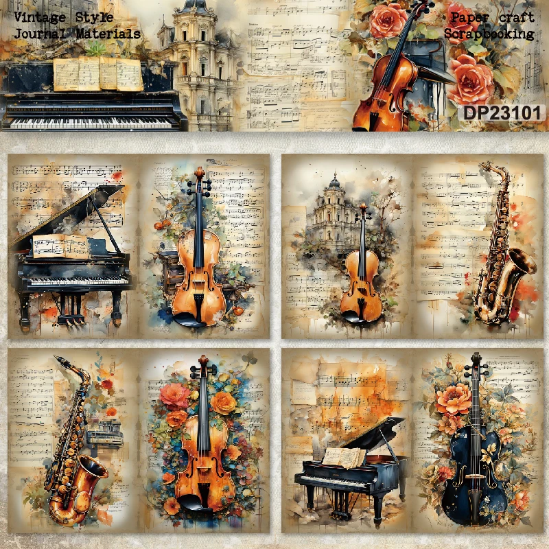 Panalisacraft 8sheets A5 size Vintage Style Music Scrapbooking patterned paper Fancy Card Pack Light weight Craft Paper Card