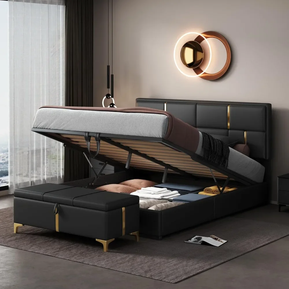 

2 Pieces Bedroom Sets, Queen Size Velvet Upholstered Platform Bed with Hydraulic Storage System and Gold Decoration, Storage Ott