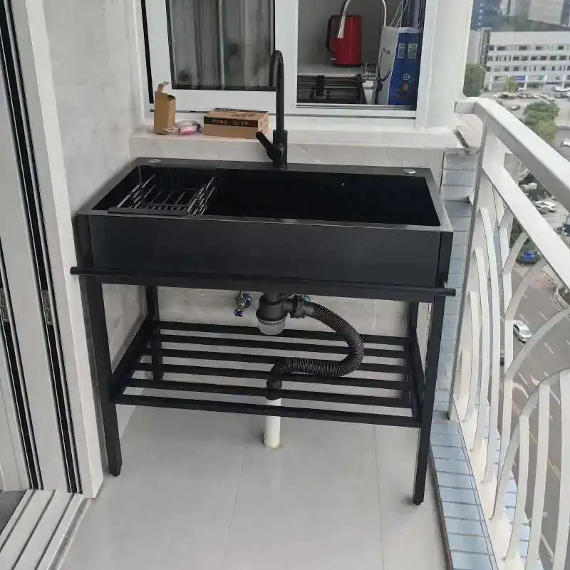 

Bracket Integrated Vegetable Basin with Stainless Steel Kitchen Sinks Large Dishwashing Basin Floor-standing Balcony Double Sink