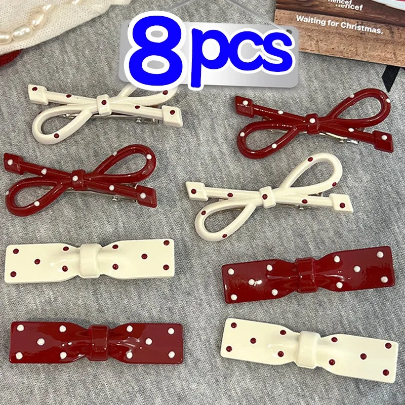 2/8Pcs Simple Ancla Red Dot Bowknot Hair Clips Women Sweet Dot Plastic Bangs Side Hairpins Girls Duck Bill Clips Lovely Headwear