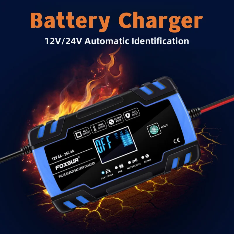 

Motorcycle Car Battery Charger 12V 8A 24V 4A Automatic Start Pulse Repair LCD Smart Car Charger AGM GEL Lead-Acid WET Battery