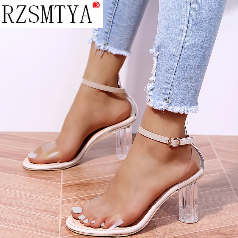 Women\'s Sandals Ankle Strap High Heels Clear Crystal Transparent Classic Buckle High Quality Women Shoes