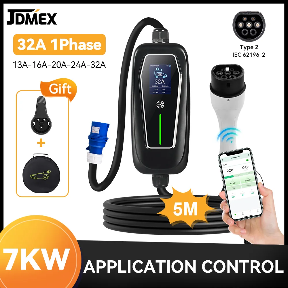 JDMEX7KWCarChargerTYPE2PortableEVCharger32A220V1PhaseFastChargingWallboxChargerIP655mCableWithAppControl