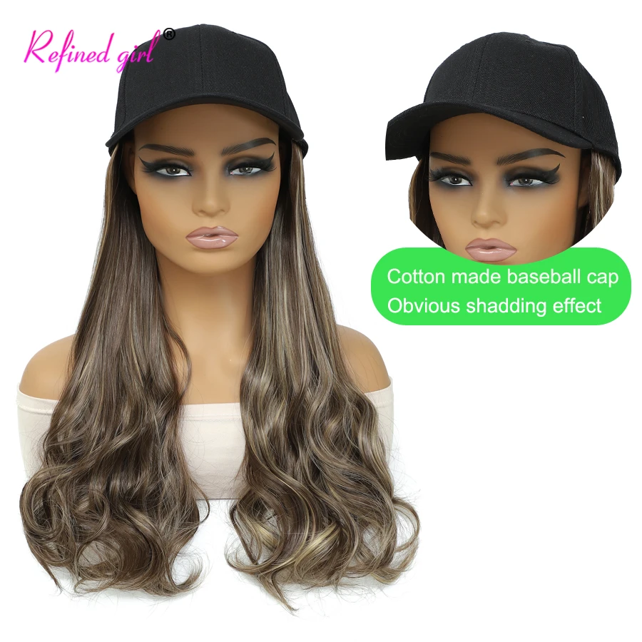Hat Wig Cap with Synthetic 20Inch Long Wave Hair Extensions Attached for Women Wave Wig Hats Wavy Ends Straight Roots Hair Style image 2