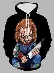 Chucky-3D Printed Horror Hoodies para Homens e Mulheres, Moletons extragrandes, Pullovers, Tricô, Streetwear, Roupas infantis, Moda