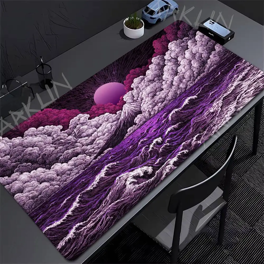 Purple Ukiyo-e Mount Fuji Ocean Wave Large Gaming Mouse Pad, Japanese Retro Landscape Non Slip Rubber Mat for PC Gamer Office