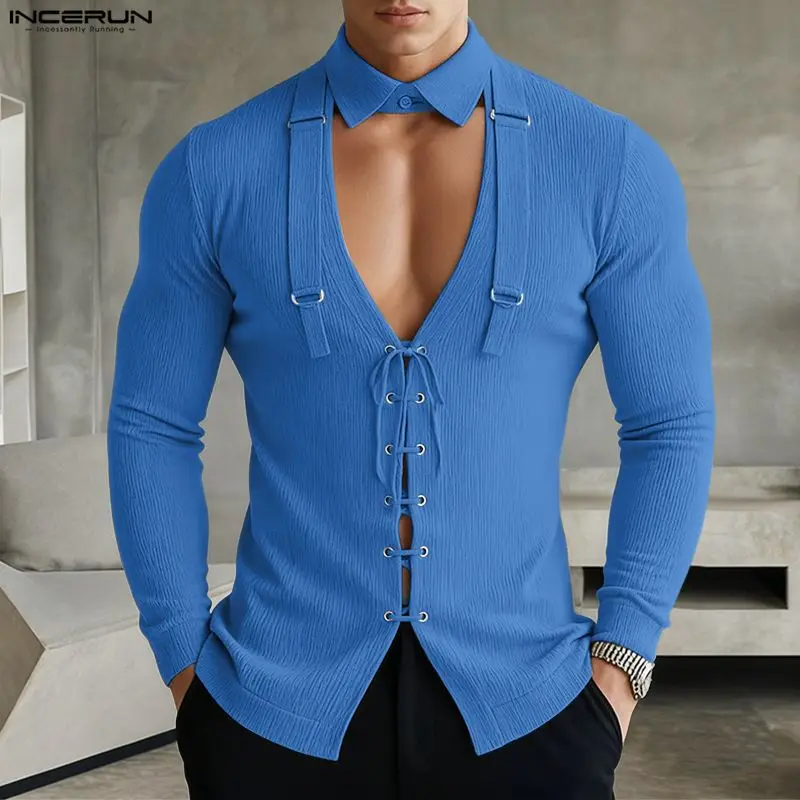 INCERUN Men Shirt Lapel Long Sleeve Lace Up Hollow Out Casual Men Clothing Knitted Sexy Streetwear Fashion Male Shirts Camisas