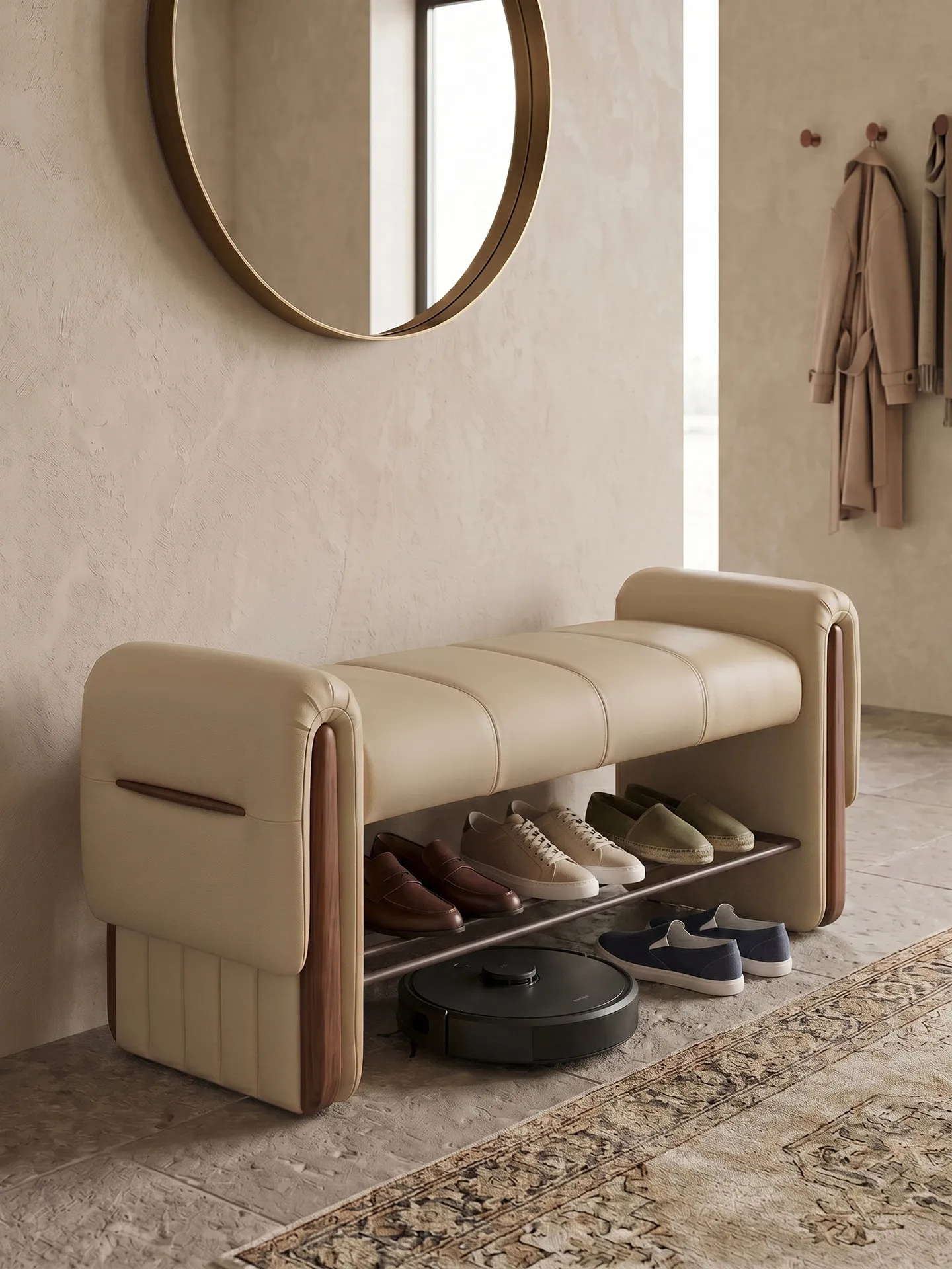 shoe-changing bench A with a built-in shoe cabinet can be placed at the entrance, adding a touch of luxury and sophistication to
