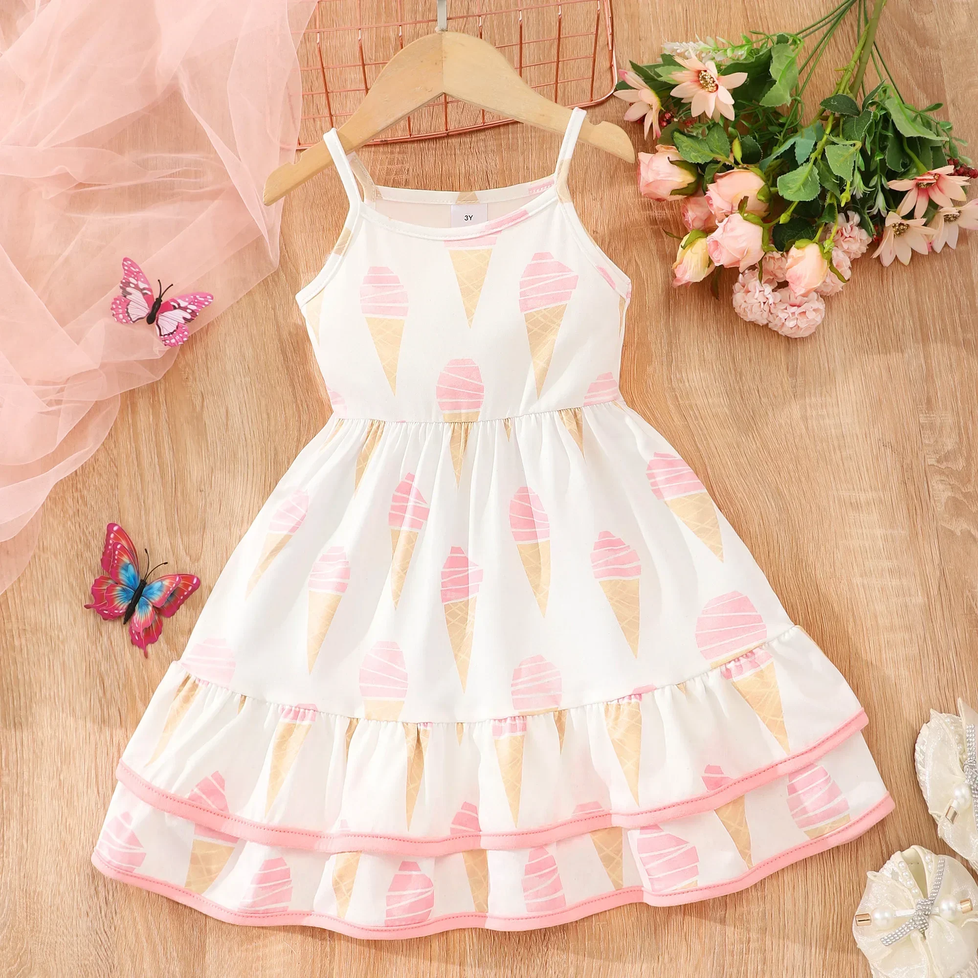 Girls Clothing Summer Dress Kids Sleeveless Double Layered Ruffle Youth Pattern Casual Colorful Dress