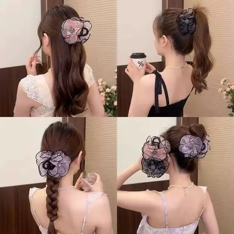 

Sophisticated Mesh Flower Claw Clip; Shiny Women's Ponytail Holder Hair Accessory Gift.