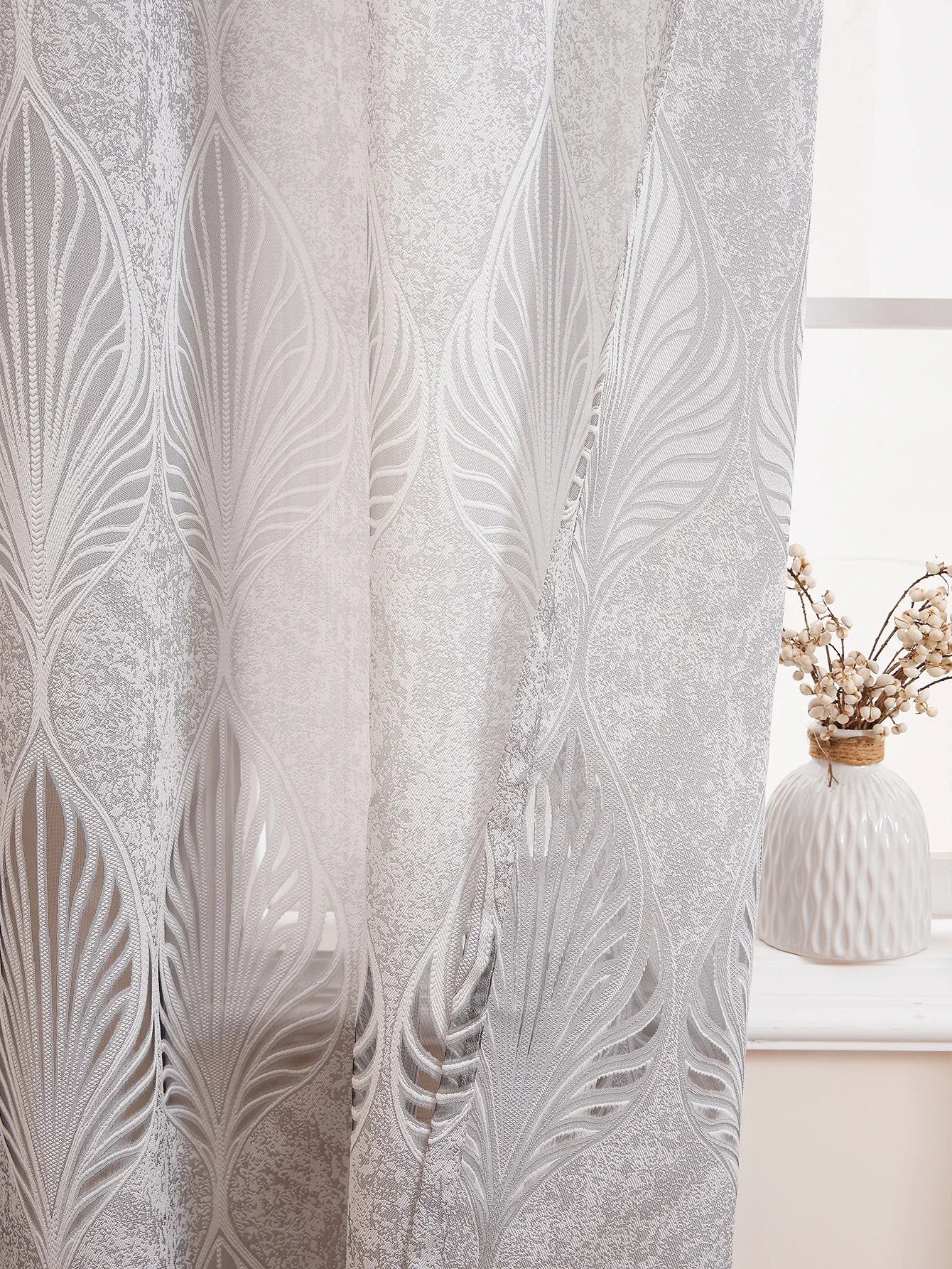 Luxury White Sheer Curtains with Embossed Leaf Design, 1 Pack Grommet Window Panels, Lightweight & Airy for Bedroom/Living Room,
