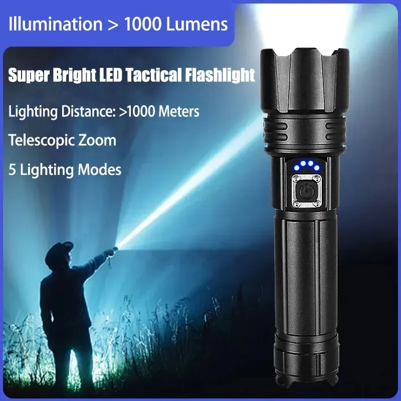 High Bright LED Tactical Flashlight Zoomable Torch 5 Lighting Modes Laser Wick Outdoor Waterproof Camping Adventure Hand Lamps