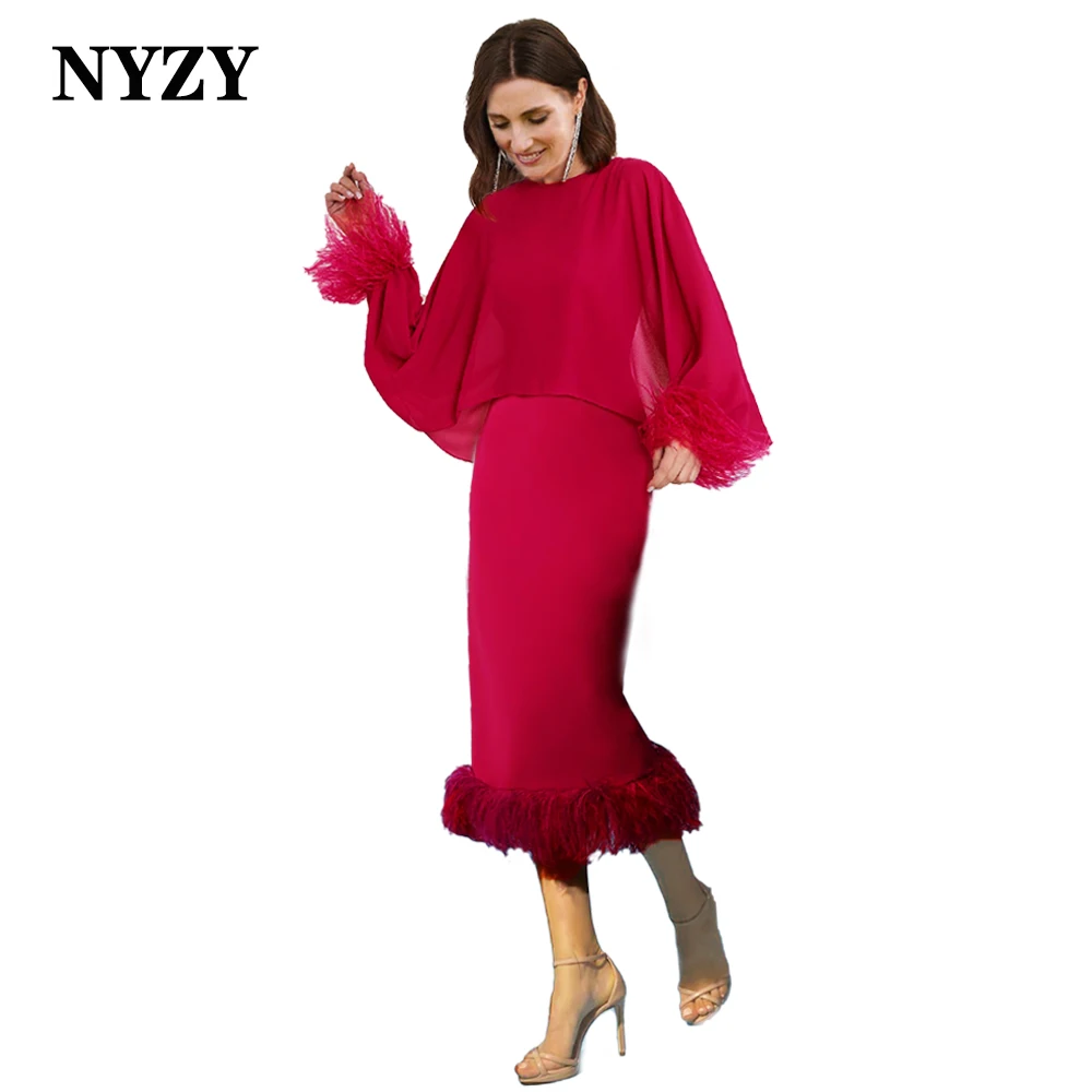 

NYZY M426 Customized Elegant Cape Long Sleeves Feathers Red Cocktail Evening Gowns Mother of the Bride Dresses 2025