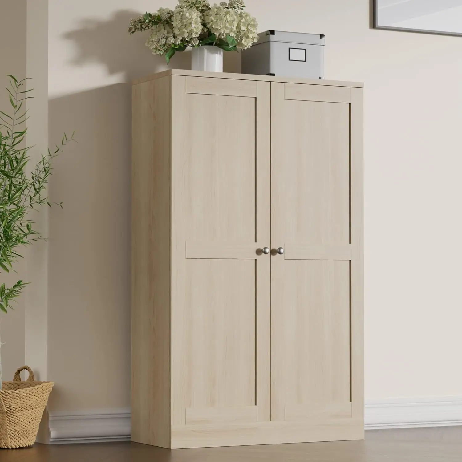 Pantry Cabinet, Office Storage Cabinet with Doors and Adjustable Shelves, Bookshelf for Bedroom, Living Room, Oak