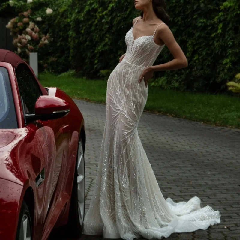 Shiny White Elegant Sweetheart Ball Gown Wedding Dress With Pearl Decoration mermaid skirt Bridal Gowns Customized