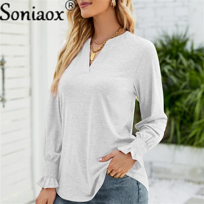 T-Shirt Vintage Warna Solid Musim Panas Wanita 2022 Atasan T-Shirt Pullover Jalan Wanita Longgar Kasual Lengan Kerutan Leher-v Perca