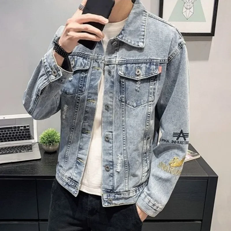 Ripped Men's Denim Jacket With Hole Embroidery Button Low Cost Male Jean Coats Korea Loose Worn Washed Outwear In Lowest Price