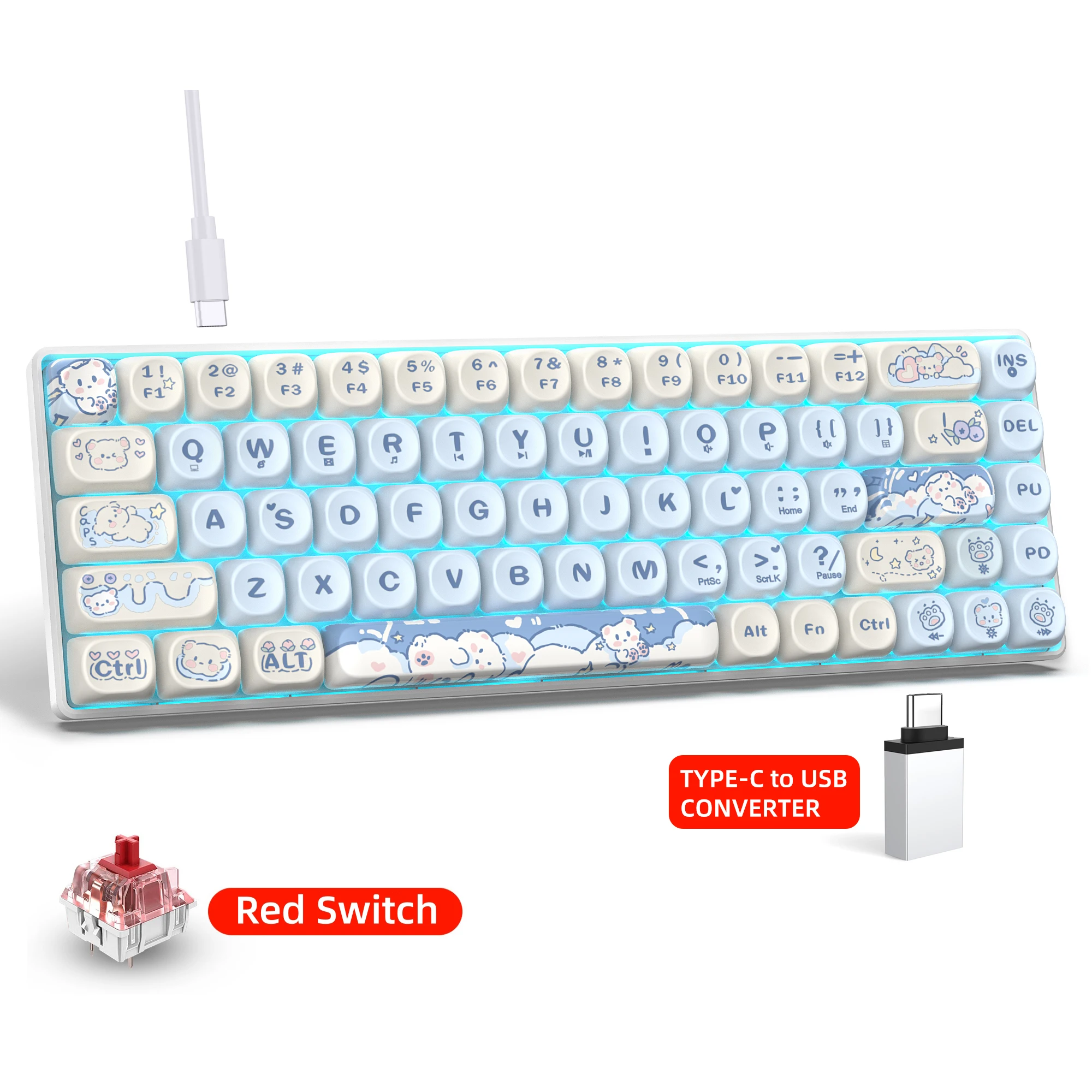 Mechanical Keyboard 65% Compact Layout Gaming Keyboard with PBT MOA Profile Sublimation Keycaps Swap Switch Ice Blue Backlit