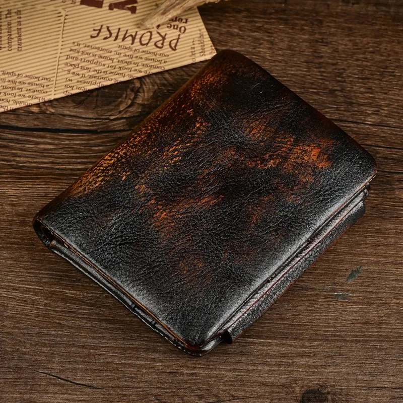 Vintage Distressed Top Grain Cowhide Short Purse, New Real Leather Multi Card Slots Wallet, Portable Coin Pocket Card Holder