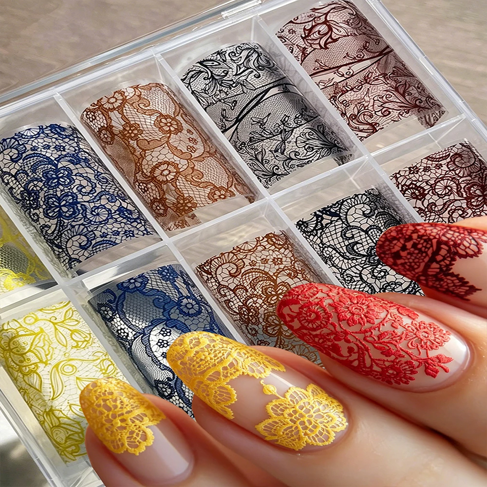 10Rolls/Box Vintage Multi Color Retro Lace Nail Transfer Foil Stickers Red Black Floral Hollow Lace French Transfer Nail Decals