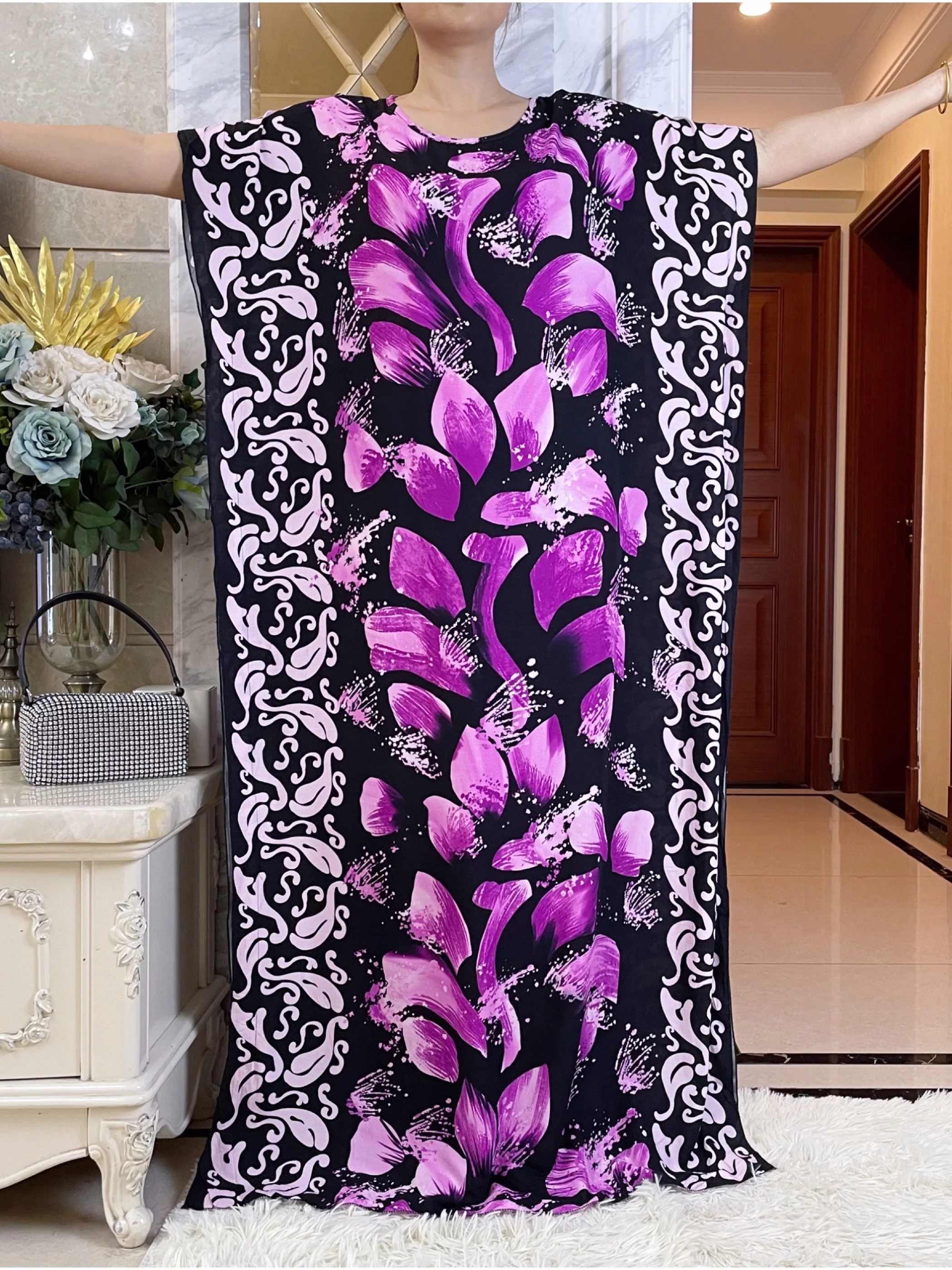 Nuovo vestito da festa estivo manica corta con grande sciarpa stampa brillante cotone floreale allentato Boubou Maxi Islam donne Abaya africano