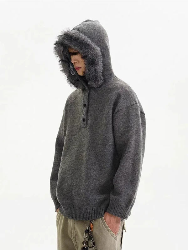 

American Retro Hooded Knitted Sweater Loose Fit Men's Autumn Spring Polyester Fiber Casual Warm Heavyweight Coat for Couples