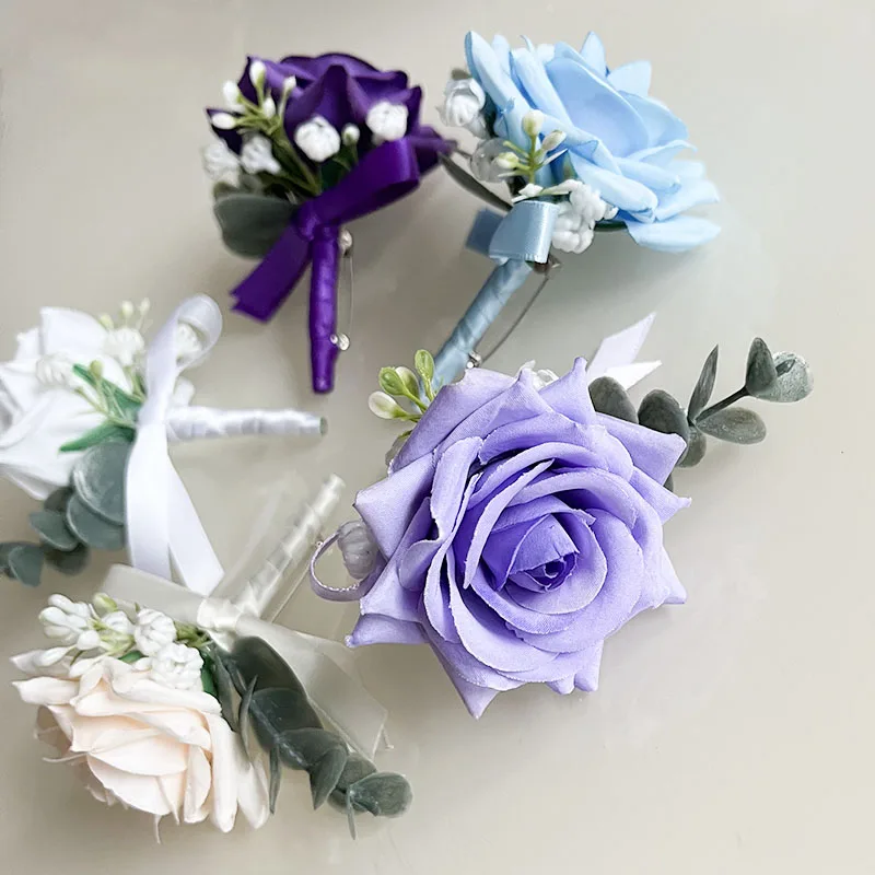 Корсаж для бойфренда Бутоньерка Свадебные аксессуары Брак Синяя петля для гостей Брошь Цветы Шелковая роза Корсаж для жениха