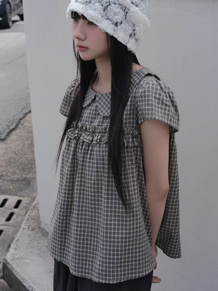 Retro Koreańska Krata lub Sweter z Kołnierzykiem typu Baby Doll, Luźny, Wyszczuplający Top w Stylu College, Drewniane Uszy, Modny Damski C...