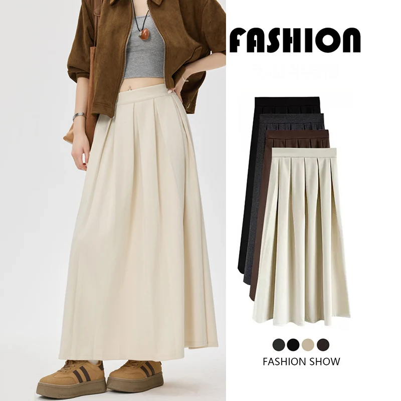 Autumn Winter High Waist Pleated Skirts Women Korean Solid Warm A Line Long Skirt Woman Elegant Large Hem Mid Length Skirts