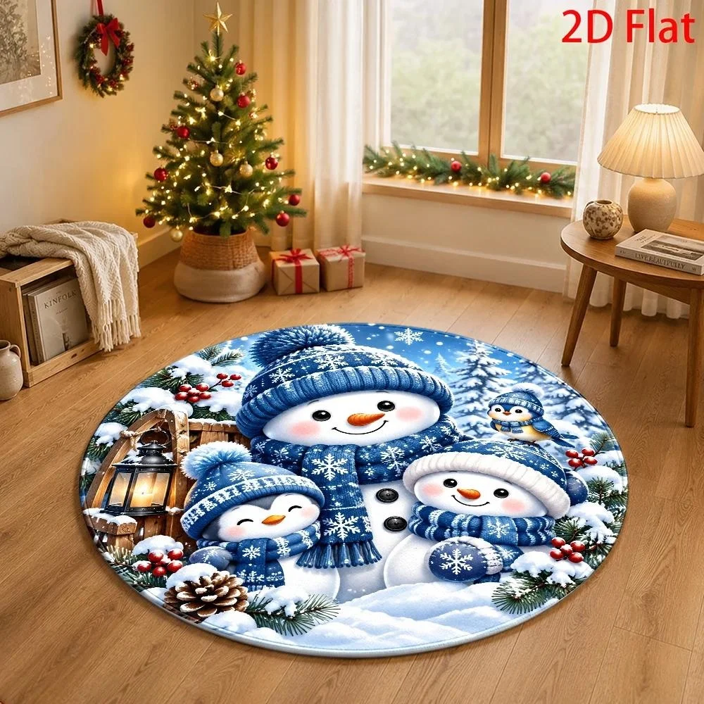 Cute Christmas Snowman Trio Round Area Rug Blue Knit Hat Winter Pattern Floor Mat Carpet  Living Room Festive Home Decoration