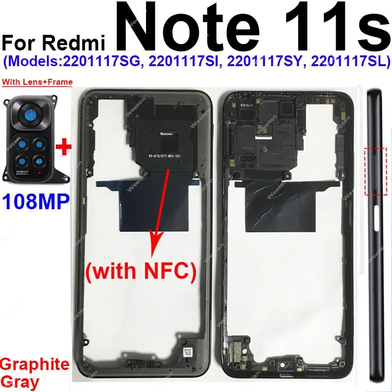 For Xiaomi Redmi Note 11S 4G Middle Frame Housing Middle Cover Case Bezel with/without Camera Lens Frame NFC Parts