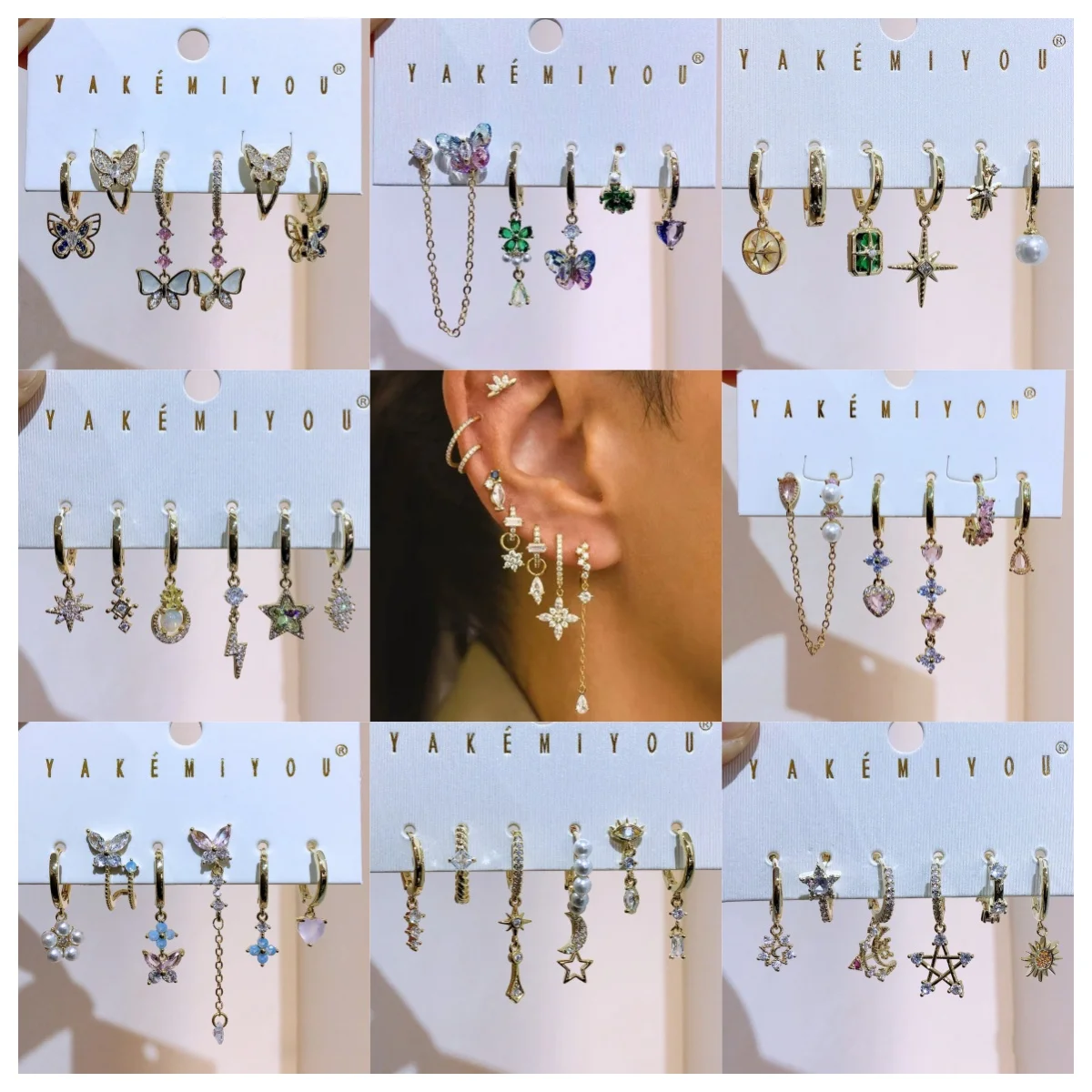 MIGGA 6pcs Pendant Earring Set Star Flower Butterfly and Simple Hoop Earrings Jewelry 14K Gold Plated Accessory