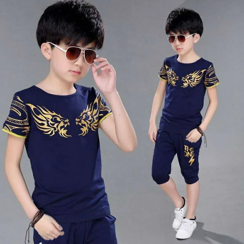 

2022 New Boy Suit Summer Children's Clothing Cotton Casual T-shirt + Shorts 2 Piece Boys Set Dragon Pattern For 6 8 10 12 Ye