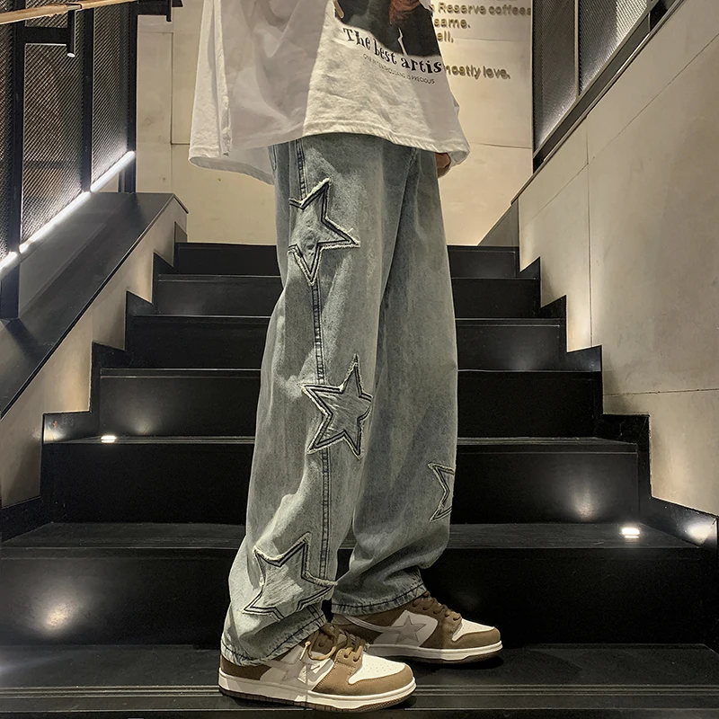 

Women's Blue Gothic Baggy Cargo Jeans with Star Harajuku Y2k 90s Aesthetic Denim Trousers Emo 2000s Jean Pants Vintage Clothes